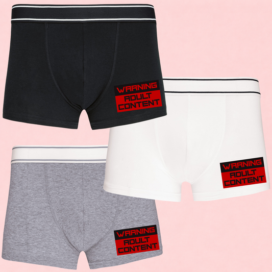 Funny “Warning Adult Content” Men’s Boxer Shorts – Rude Novelty Underwear Gift