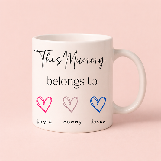 Personalised Mummy Mug – “This Mummy Belongs To” Custom Names Gift for Mum